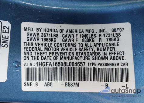 2008 Honda Civic Lx z USA, uszkodzony, nr VIN 1HGFA16508L004657